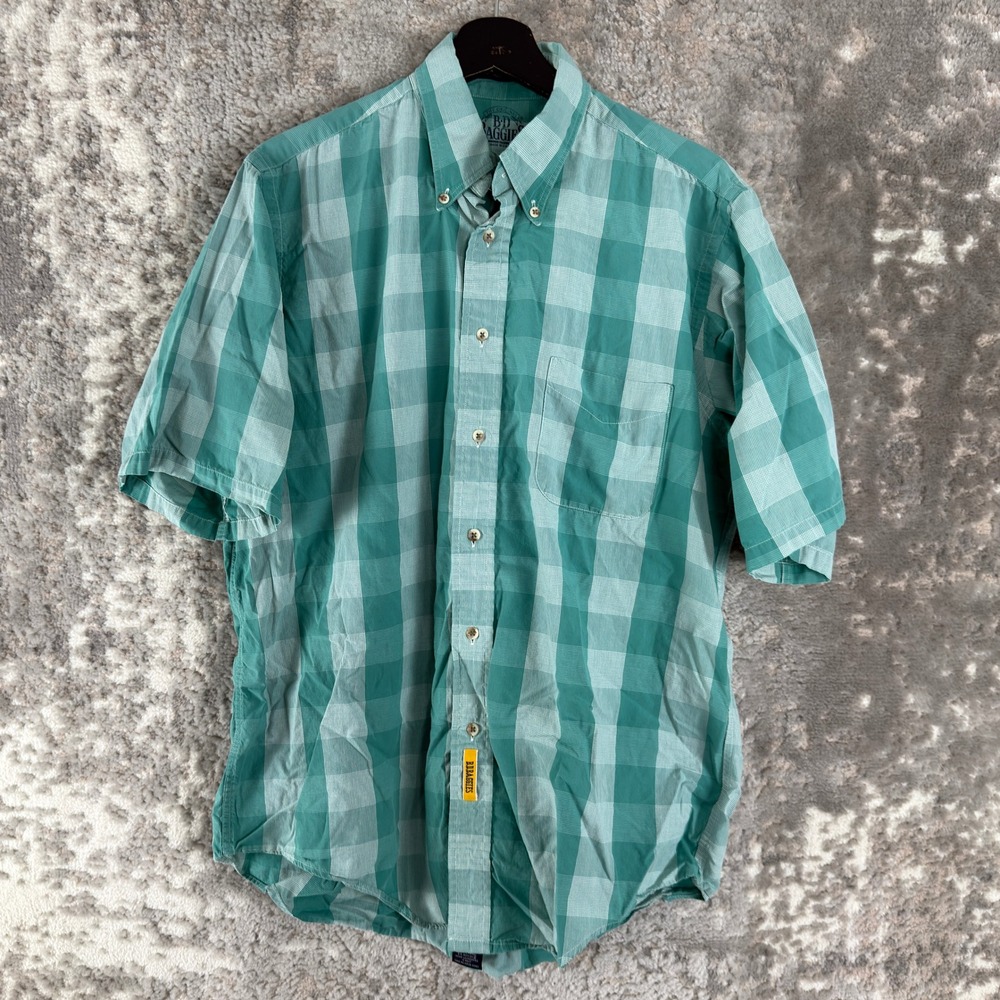 B.D. Baggies Size Medium Plaid Gingham Button Down Shirt Green Short Sleeve Mens